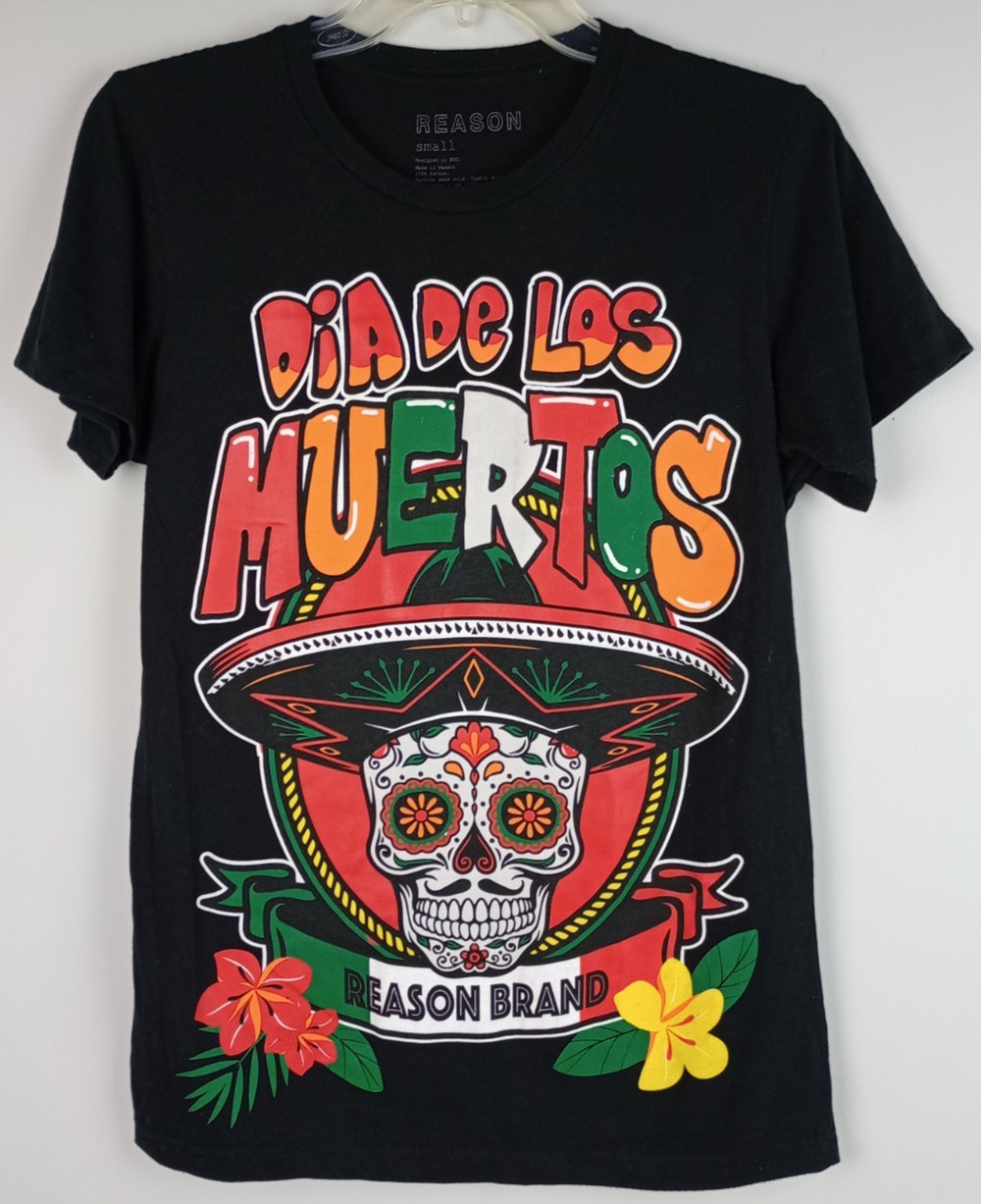 Reason Adult S Black Colorful Dia De Los Muertos Day Of The Dead Graphic Tshirt